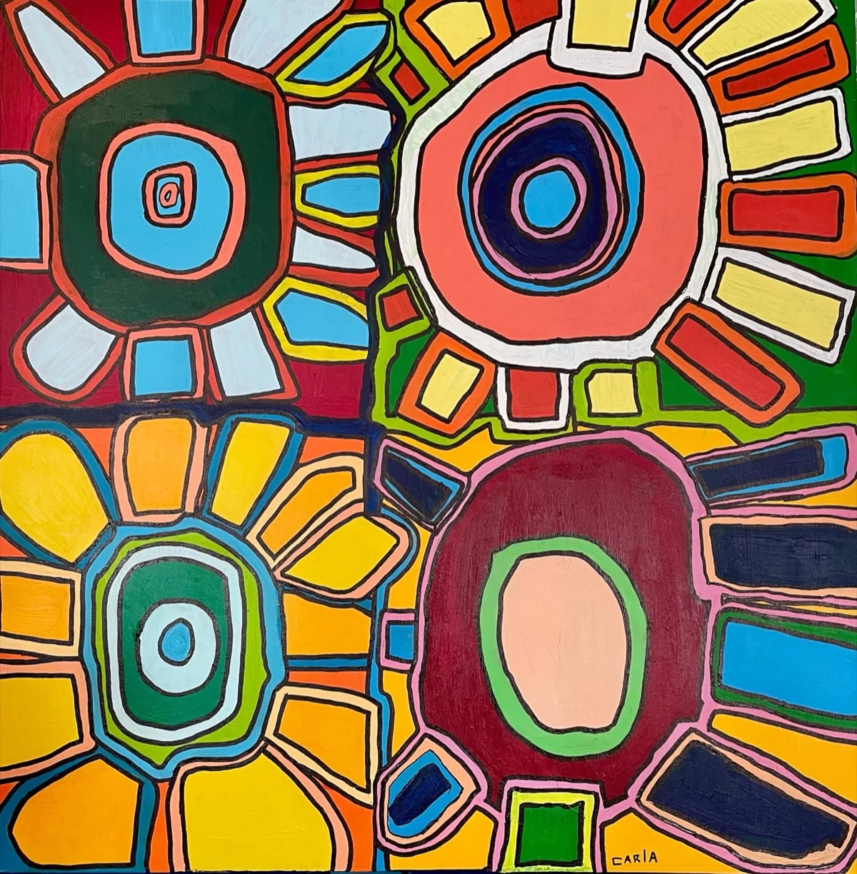 4 Bloemen — schilderij door Carla de Wijs, 100 × 100 cm